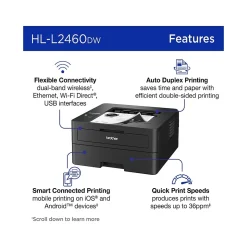 Brother HL-L2460DW Compact Wireless Black & White Laser Printer, Single-Function, Print, Refresh Subscription Ready