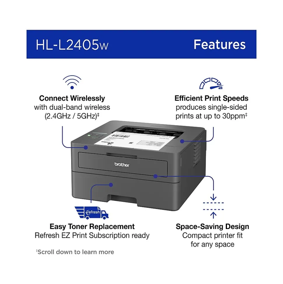 Brother HL-L2405W Compact Wireless Black & White Laser Printer, Single-Function, Print, Refresh Subscription Ready
