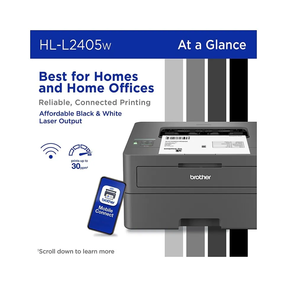 Brother HL-L2405W Compact Wireless Black & White Laser Printer, Single-Function, Print, Refresh Subscription Ready