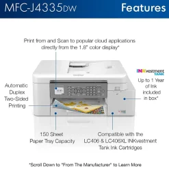 Brother INKvestment Tank MFC-J4335DW Wireless Color Inkjet Printer, All-In-One Supertank, Print, Scan, Copy, Fax