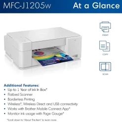 Brother INKvestment Tank MFC-J1205W Wireless Color Inkjet Printer, All-In-One Supertank, Print, Scan, Copy