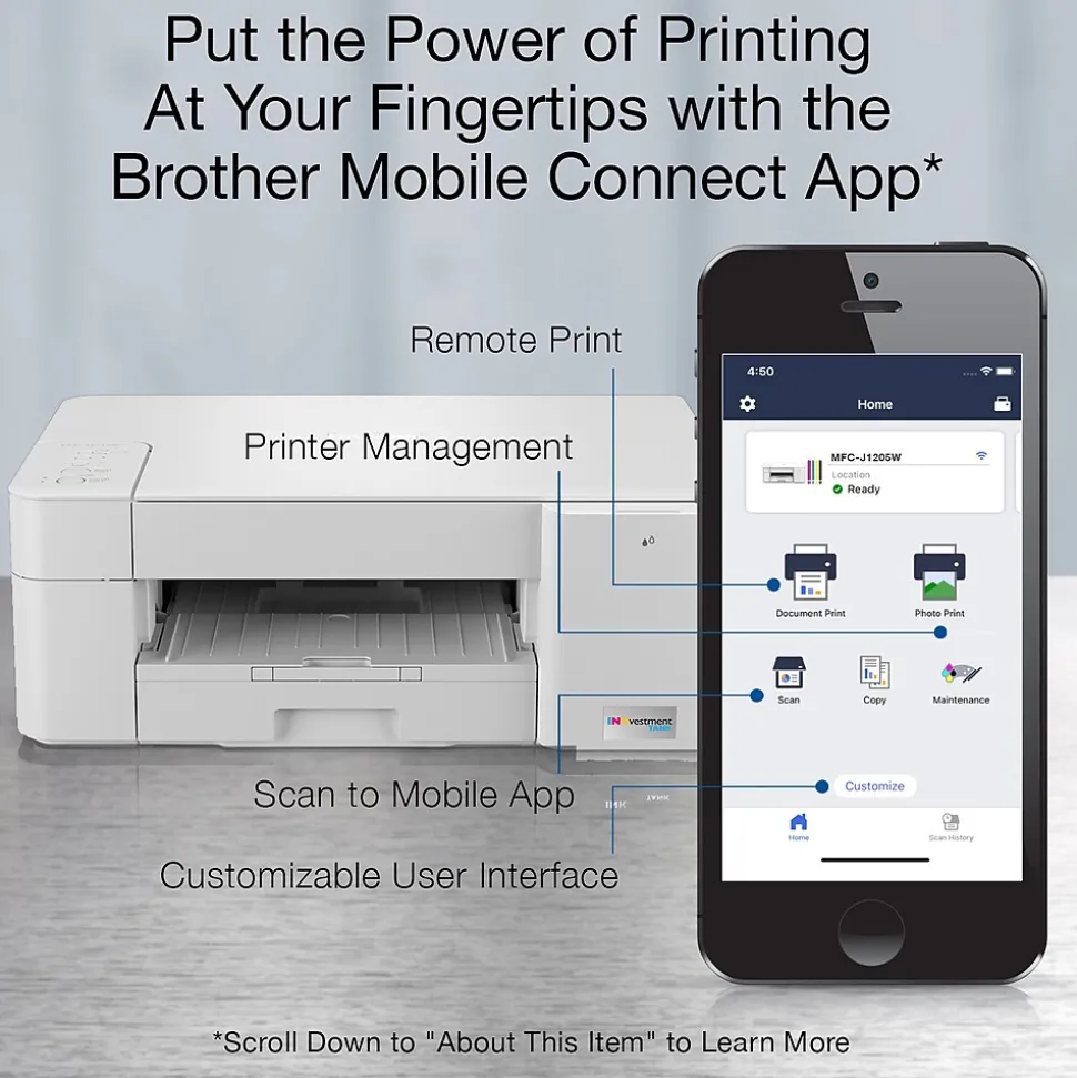Brother INKvestment Tank MFC-J1205W Wireless Color Inkjet Printer, All-In-One Supertank, Print, Scan, Copy