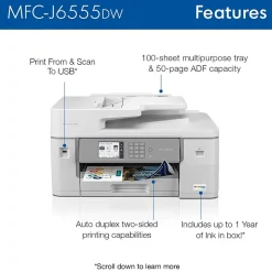 Brother INKvestment Tank MFC-J6555DW Wireless Color Inkjet Printer, All-In-One Supertank, Print, Scan, Copy, Fax