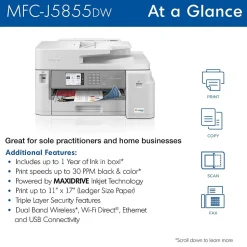 Brother INKvestment Tank MFC-J5855DW Wireless Color Inkjet Printer, All-In-One Supertank, Print, Scan, Copy, Fax
