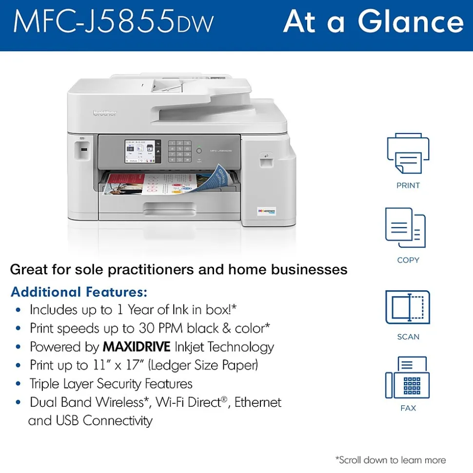 Brother INKvestment Tank MFC-J5855DW Wireless Color Inkjet Printer, All-In-One Supertank, Print, Scan, Copy, Fax