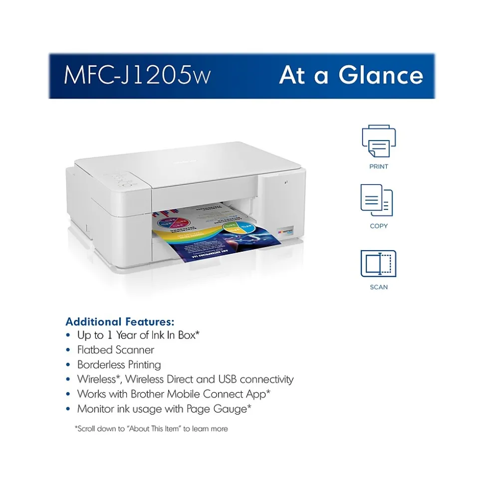 Brother INKvestment Tank MFC-J1205W Refurbished Inkjet Printer, All-In-One, Print, Scan, Copy (RMFCJ1205W)