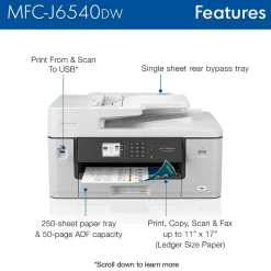 Brother MFC-J6540DW Color Inkjet All-in-One Print, Copy, Scan, Fax up to 11”x17” (Ledger) Size Paper