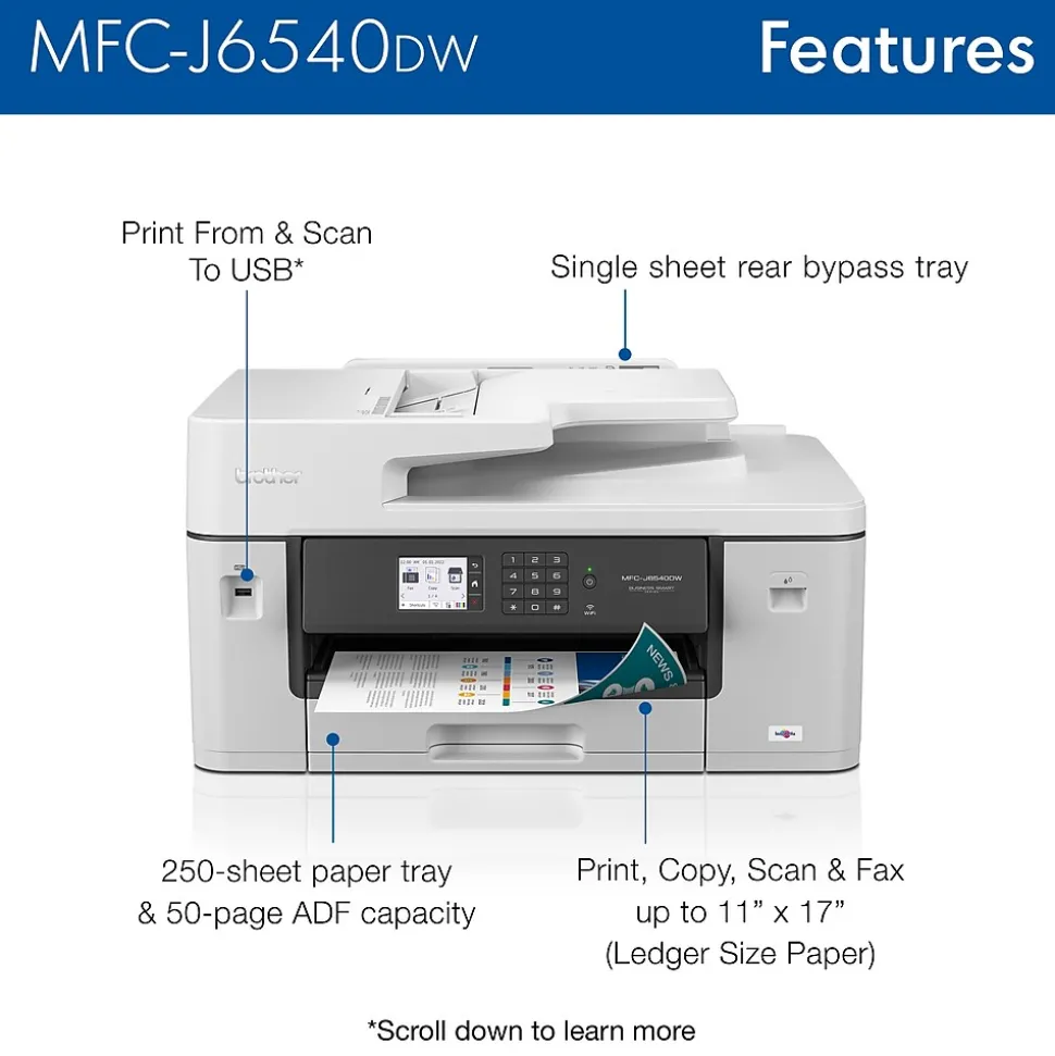 Brother MFC-J6540DW Color Inkjet All-in-One Print, Copy, Scan, Fax up to 11”x17” (Ledger) Size Paper