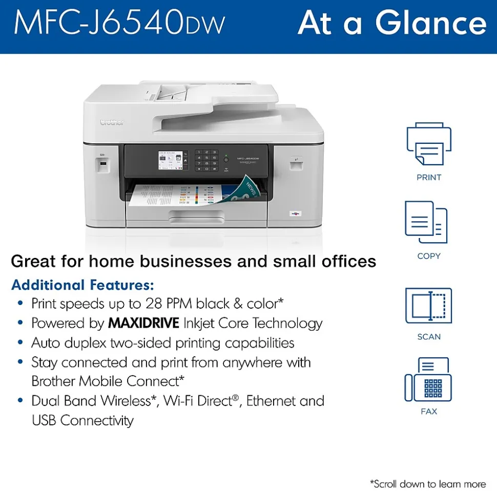 Brother MFC-J6540DW Color Inkjet All-in-One Print, Copy, Scan, Fax up to 11”x17” (Ledger) Size Paper