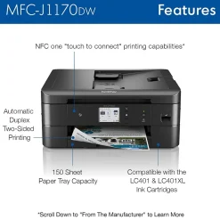 Brother MFC-J1170DW Wireless Color Inkjet Printer, All-In-One, Print, Scan, Copy, Fax