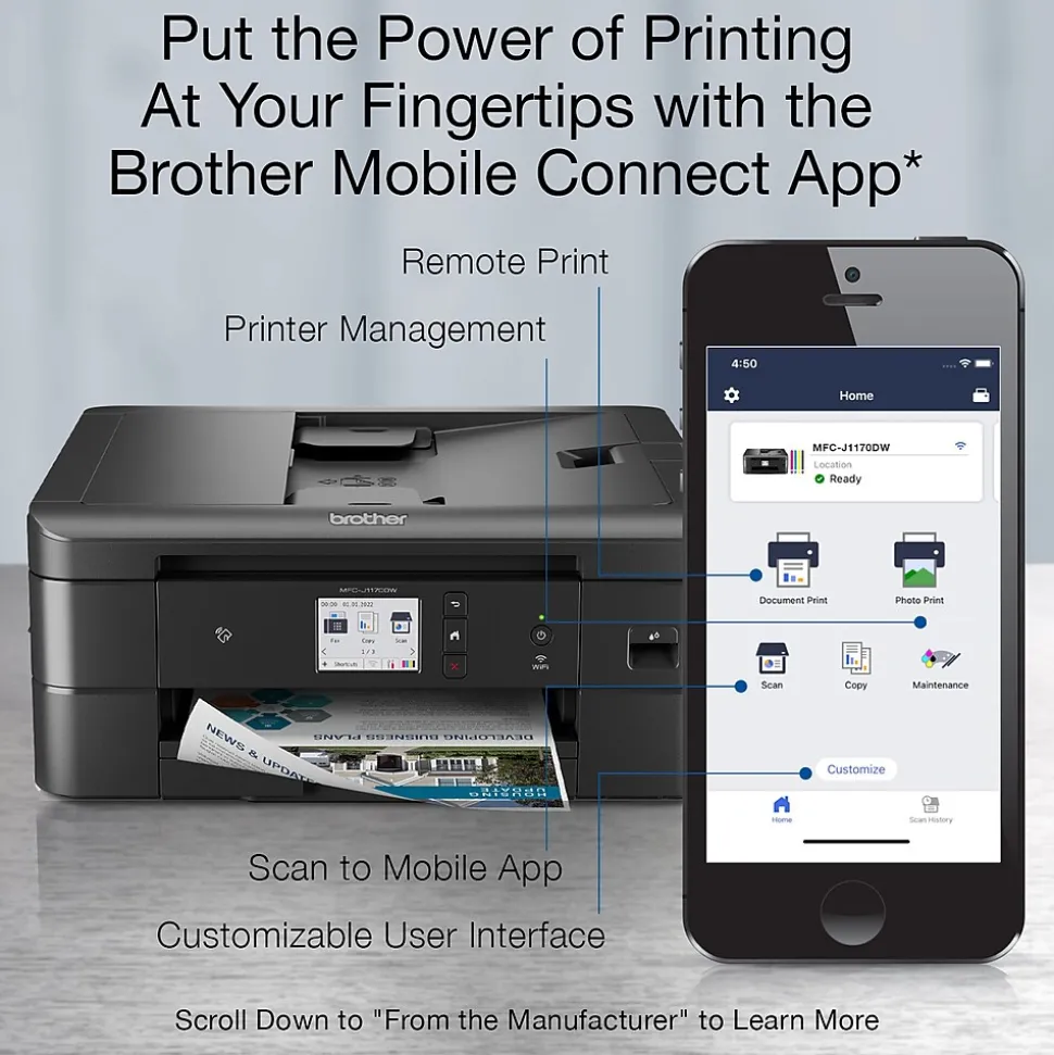 Brother MFC-J1170DW Wireless Color Inkjet Printer, All-In-One, Print, Scan, Copy, Fax