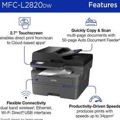 Brother MFC-L2820DW Compact Wireless Black & White Printer, All-In-One, Print, Scan, Copy, Fax, Refresh Subscription Ready