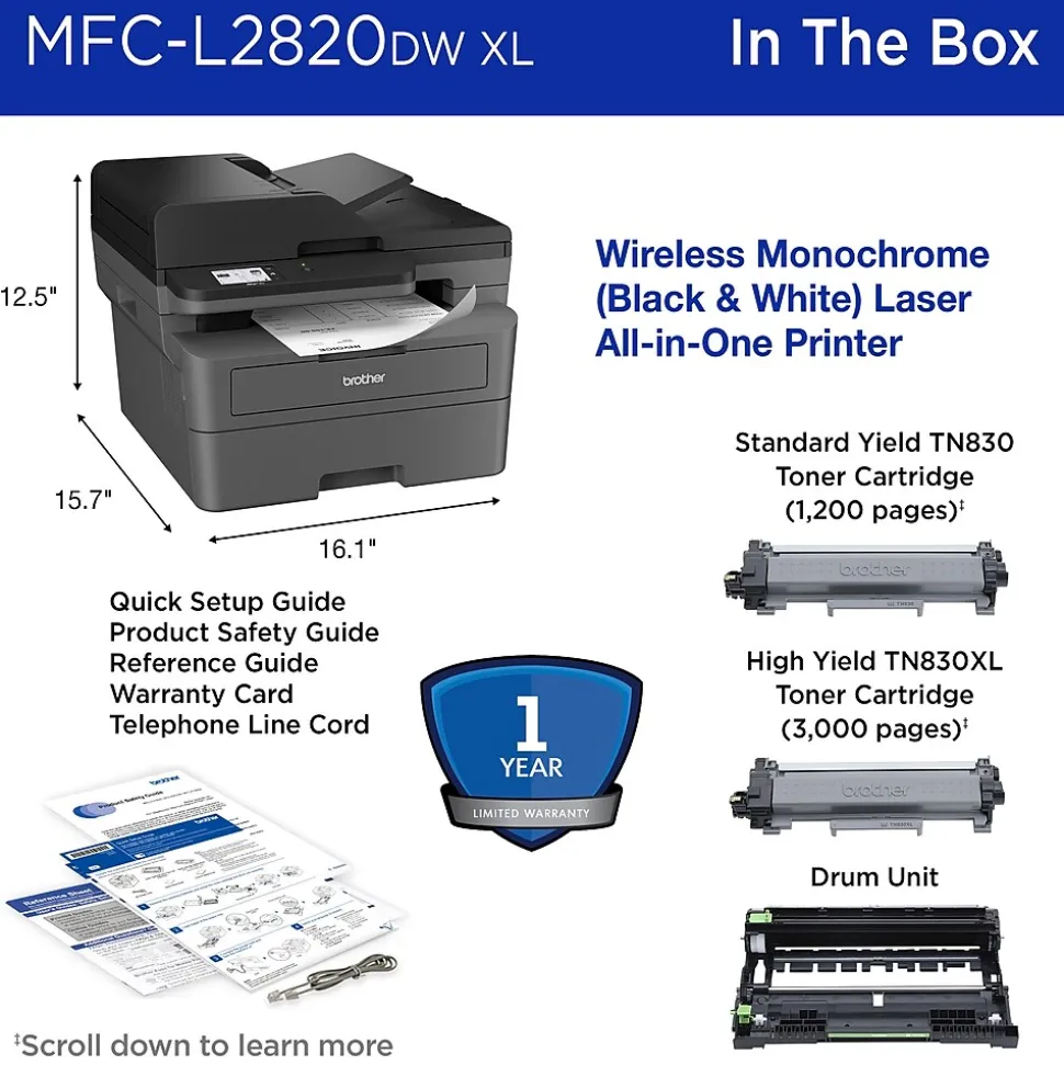 Brother MFC-L2820DW XL Wireless Compact Monochrome All-in-One Laser Printer