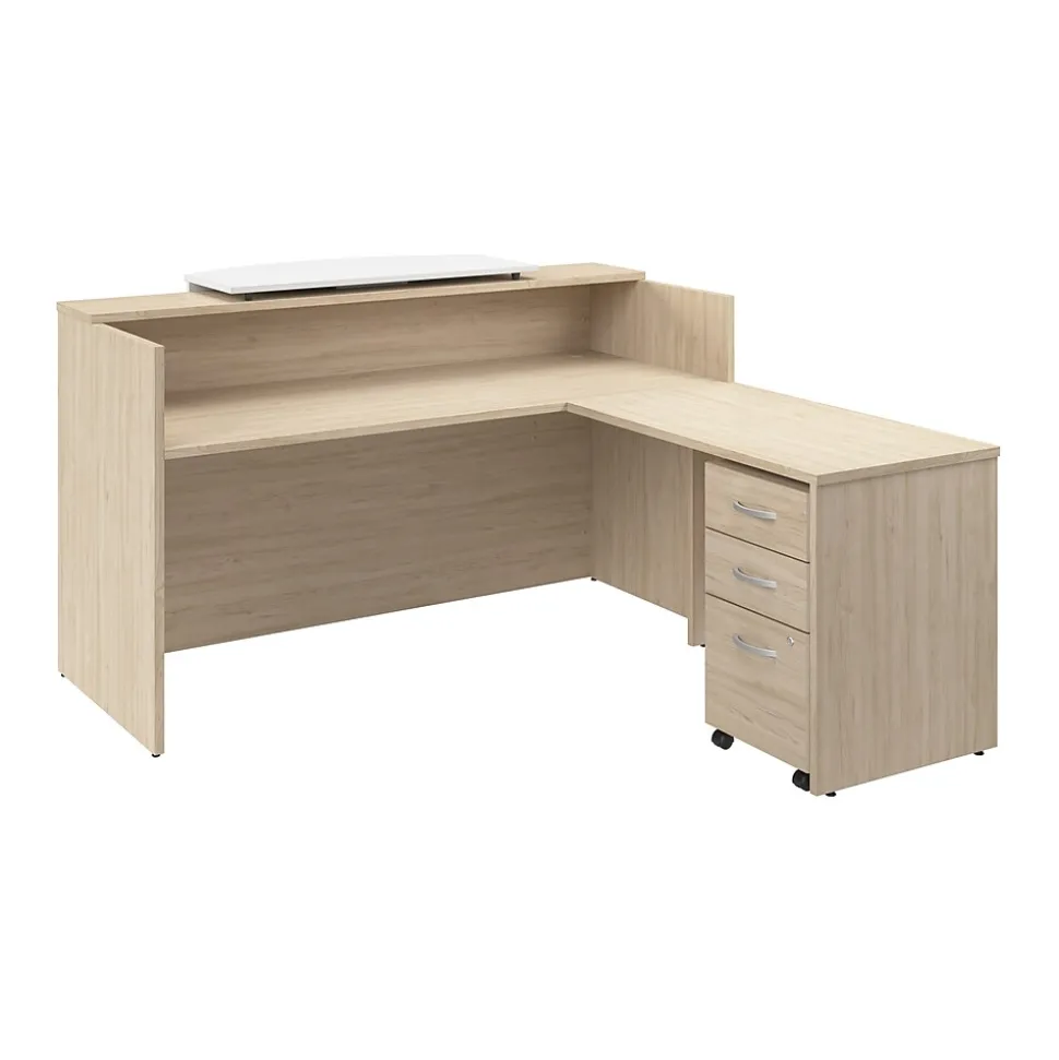 Bush Business Furniture Arrive 72"W L Shaped Reception Desk with Counter and Mobile File Cabinet, Natural Elm (ARV010NE)
