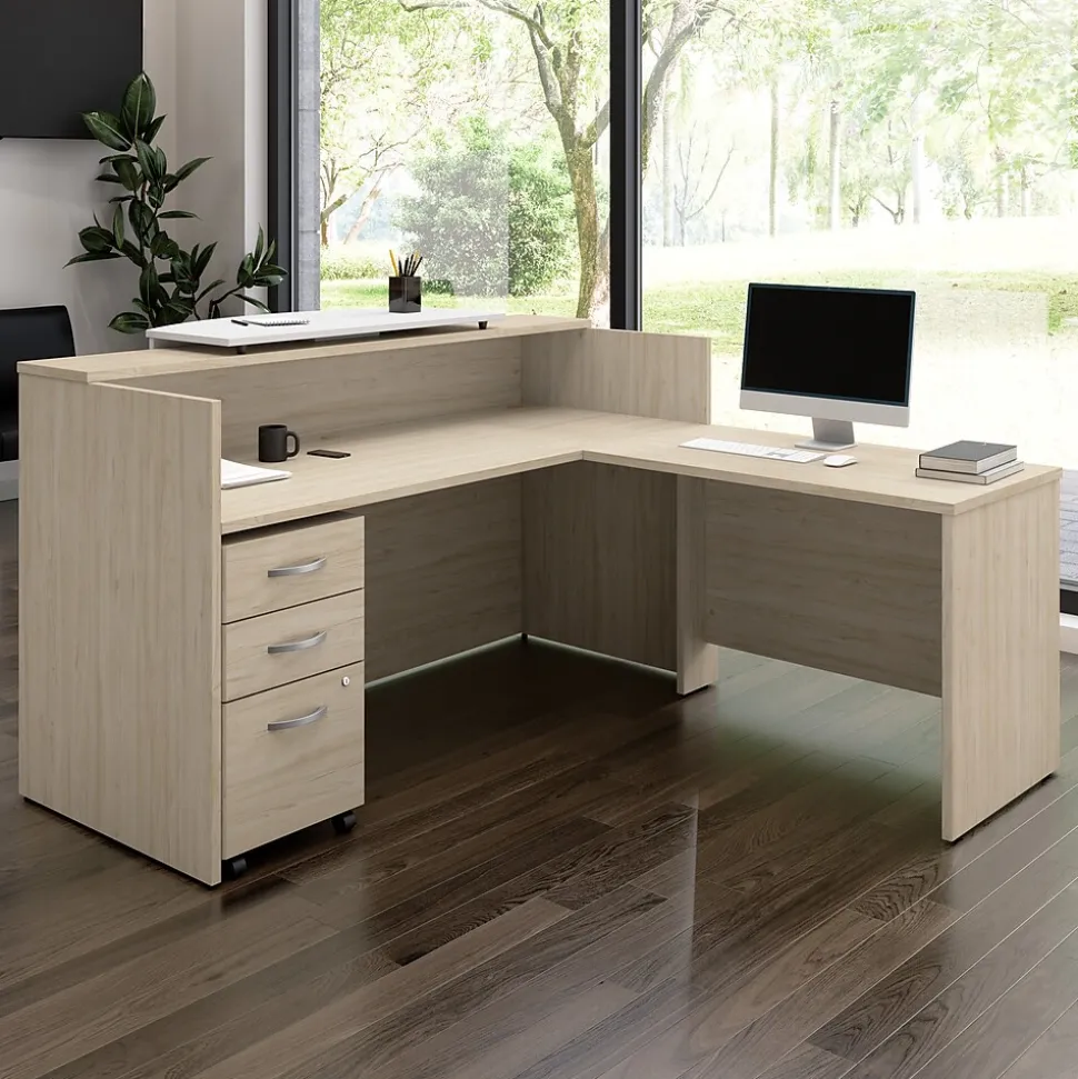 Bush Business Furniture Arrive 72"W L Shaped Reception Desk with Counter and Mobile File Cabinet, Natural Elm (ARV010NE)