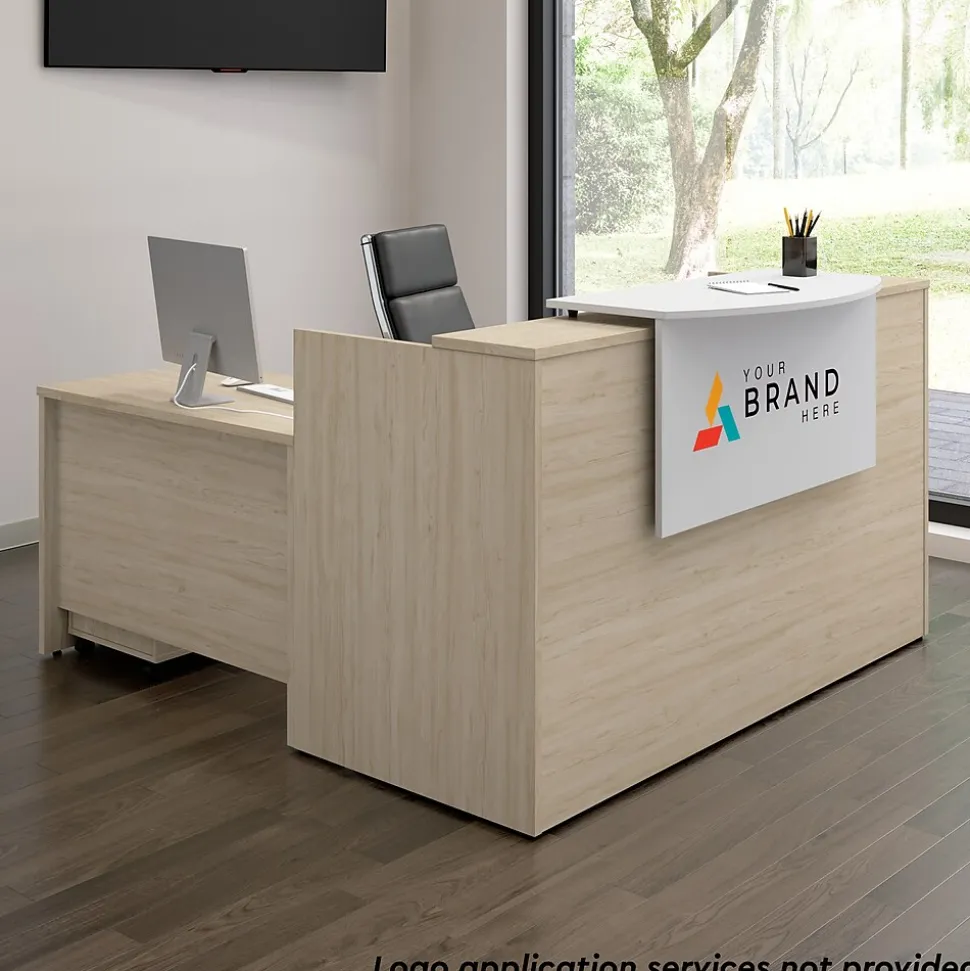 Bush Business Furniture Arrive 72"W L Shaped Reception Desk with Counter and Mobile File Cabinet, Natural Elm (ARV010NE)