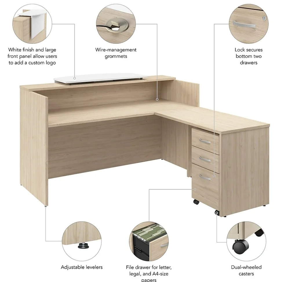 Bush Business Furniture Arrive 72"W L Shaped Reception Desk with Counter and Mobile File Cabinet, Natural Elm (ARV010NE)