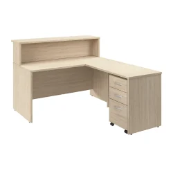 Bush Business Furniture Arrive 60"W L Shaped Reception Desk with Shelf and Mobile File Cabinet, Natural Elm (ARV004NE)