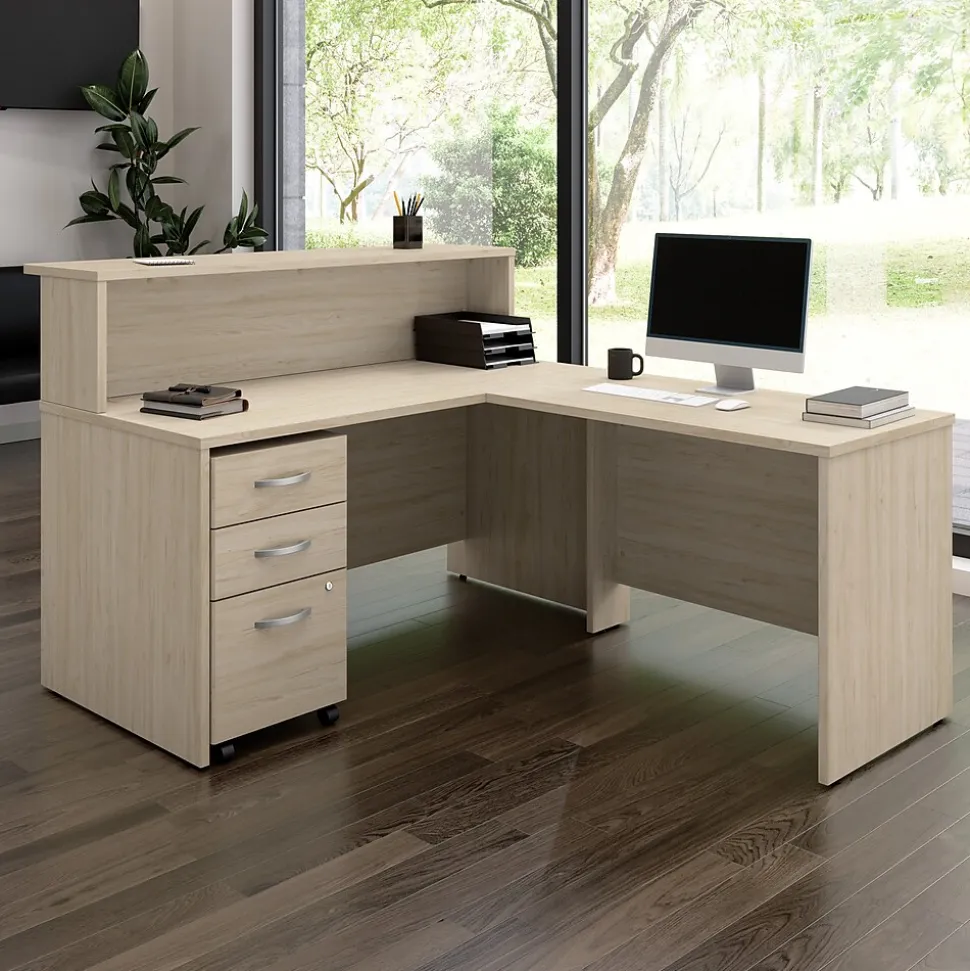 Bush Business Furniture Arrive 60"W L Shaped Reception Desk with Shelf and Mobile File Cabinet, Natural Elm (ARV004NE)