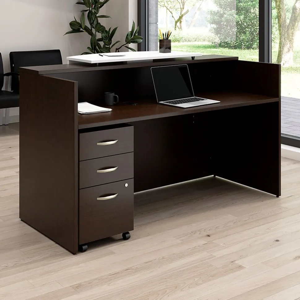 Bush Business Furniture Arrive 72"W Reception Desk with Counter and Mobile File Cabinet, Mocha Cherry (ARV008MR)