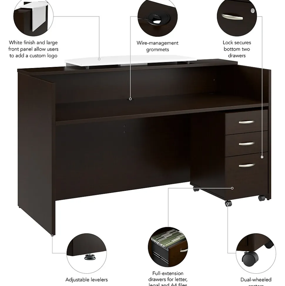 Bush Business Furniture Arrive 72"W Reception Desk with Counter and Mobile File Cabinet, Mocha Cherry (ARV008MR)