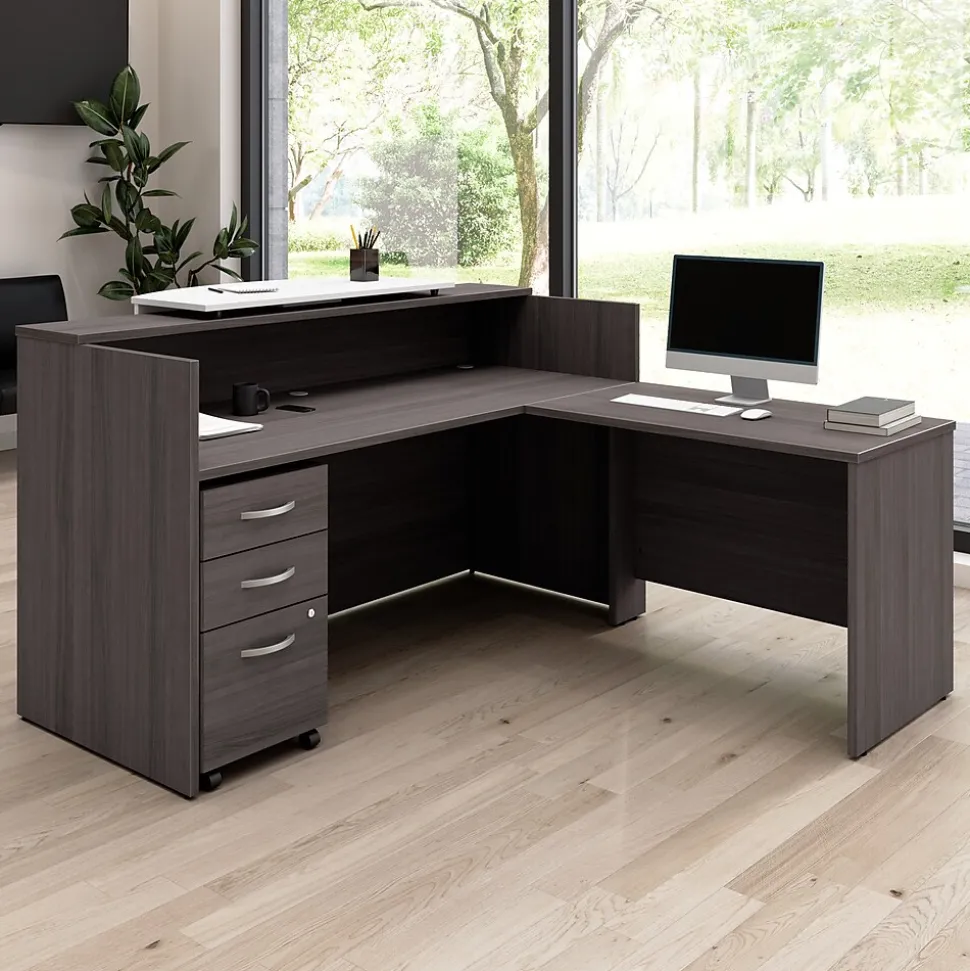 Bush Business Furniture Arrive 72"W L Shaped Reception Desk with Counter and Mobile File Cabinet, Storm Gray (ARV010SG)
