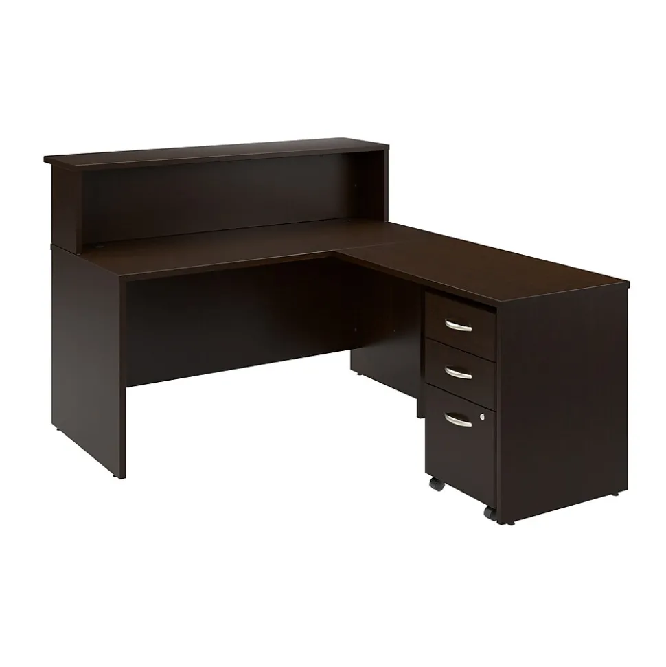 Bush Business Furniture Arrive 60"W L Shaped Reception Desk with Shelf and Mobile File Cabinet, Mocha Cherry (ARV004MR)
