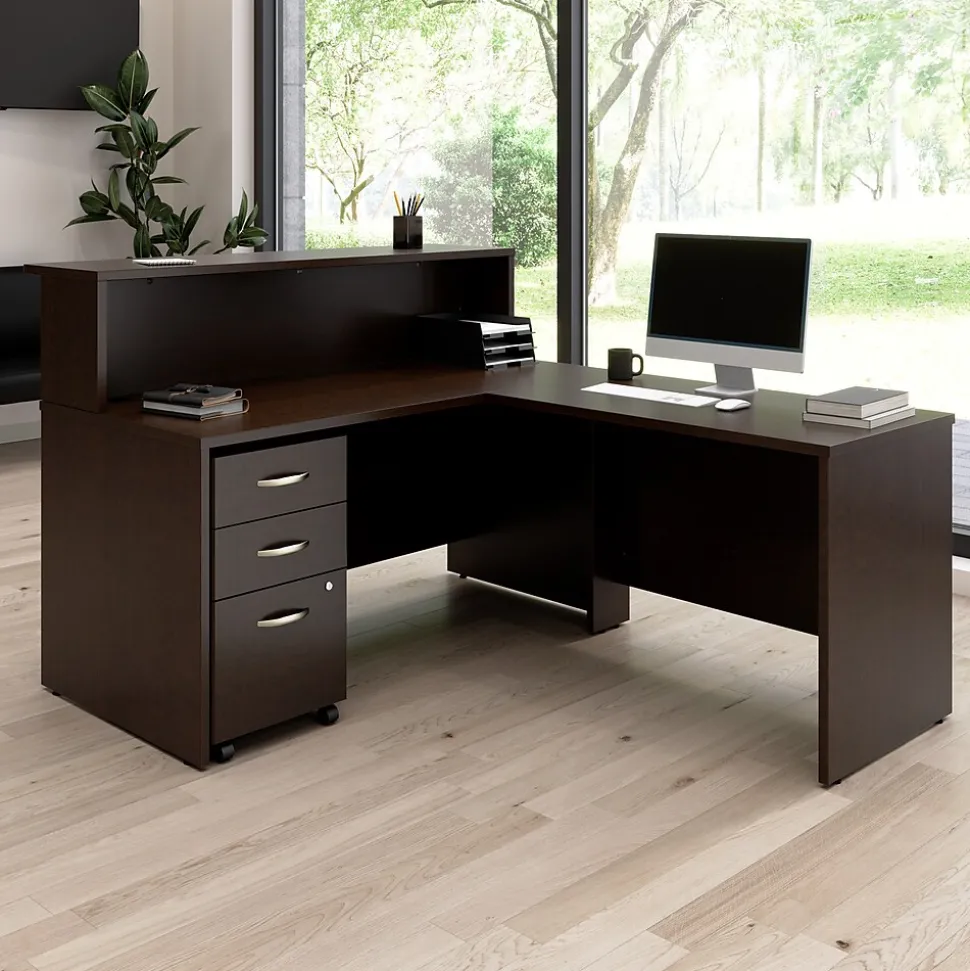 Bush Business Furniture Arrive 60"W L Shaped Reception Desk with Shelf and Mobile File Cabinet, Mocha Cherry (ARV004MR)