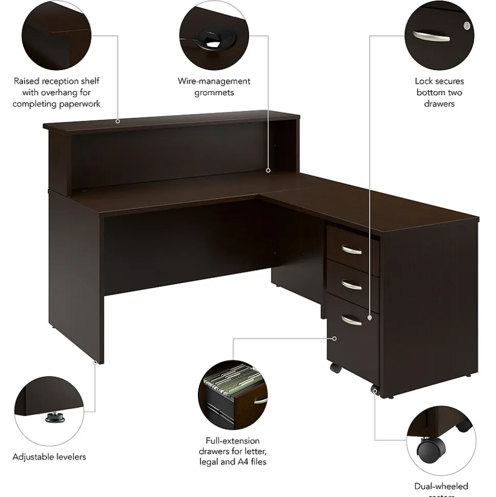 Bush Business Furniture Arrive 60"W L Shaped Reception Desk with Shelf and Mobile File Cabinet, Mocha Cherry (ARV004MR)