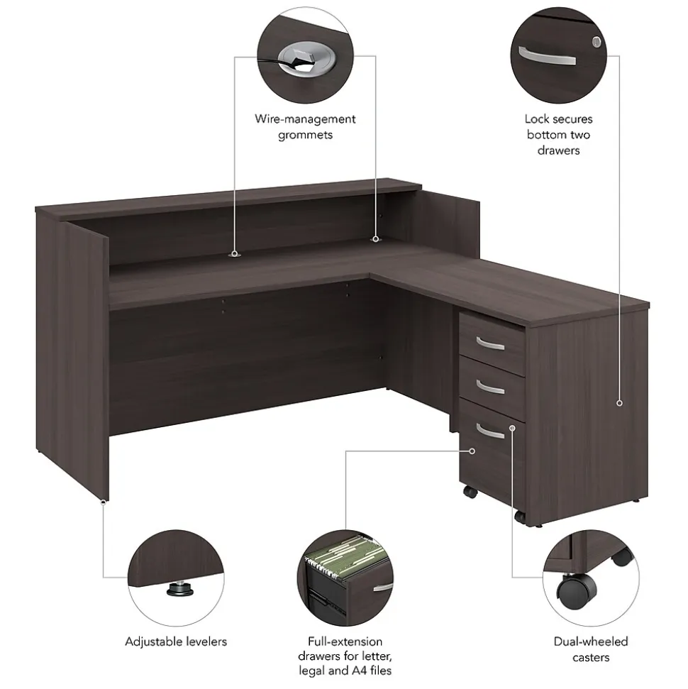 Bush Business Furniture Arrive 72"W L Shaped Reception Desk with Shelf and Mobile File Cabinet, Storm Gray (ARV007SG)