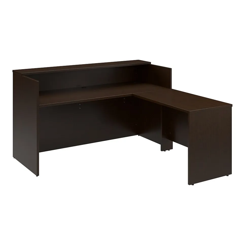 Bush Business Furniture Arrive 72"W L Shaped Reception Desk with Shelf, Mocha Cherry (ARV006MR)