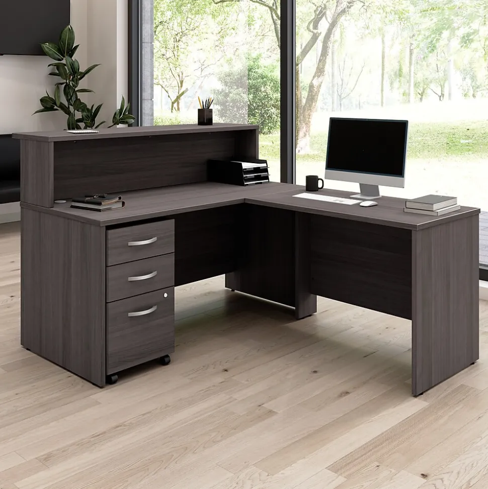 Bush Business Furniture Arrive 60"W L Shaped Reception Desk with Shelf and Mobile File Cabinet, Storm Gray (ARV004SG)