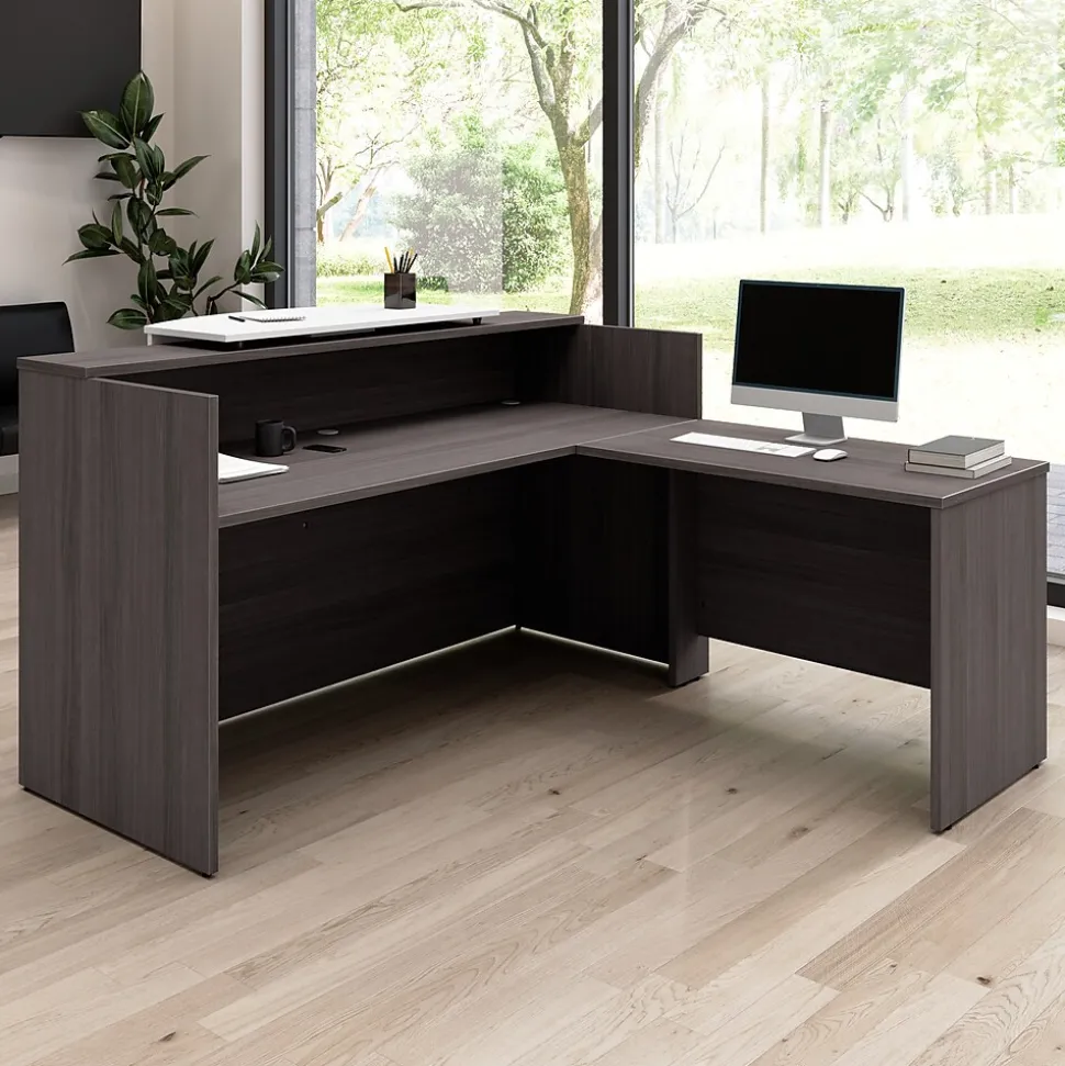 Bush Business Furniture Arrive 72"W L Shaped Reception Desk with Counter, Storm Gray (ARV009SG)