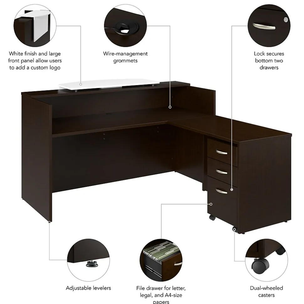 Bush Business Furniture Arrive 72"W L Shaped Reception Desk with Counter and Mobile File Cabinet, Mocha Cherry (ARV010MR)