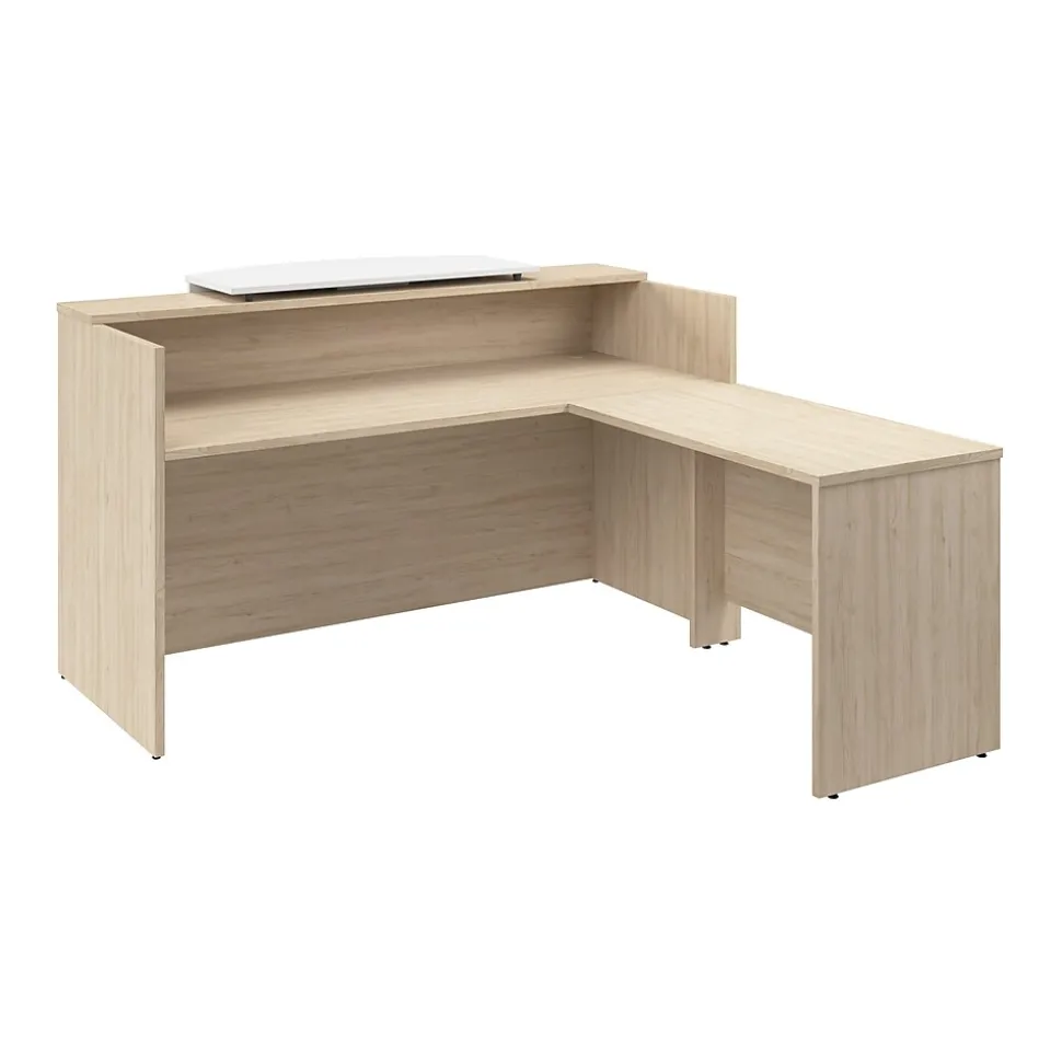 Bush Business Furniture Arrive 72"W L Shaped Reception Desk with Counter, Natural Elm (ARV009NE)