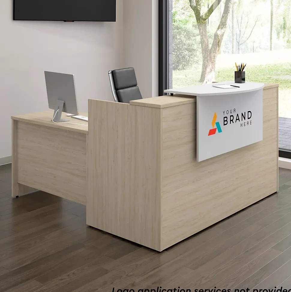 Bush Business Furniture Arrive 72"W L Shaped Reception Desk with Counter, Natural Elm (ARV009NE)