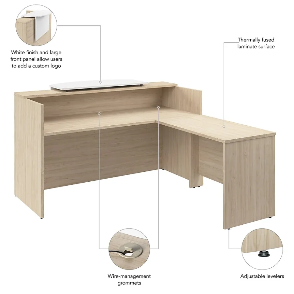 Bush Business Furniture Arrive 72"W L Shaped Reception Desk with Counter, Natural Elm (ARV009NE)