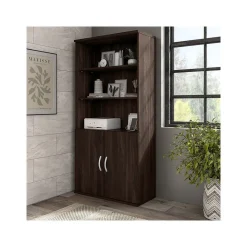 Bush Business Furniture Hybrid 73"H 5-Shelf Bookcase with Doors, Black Walnut Laminated Wood (HYB024BW)
