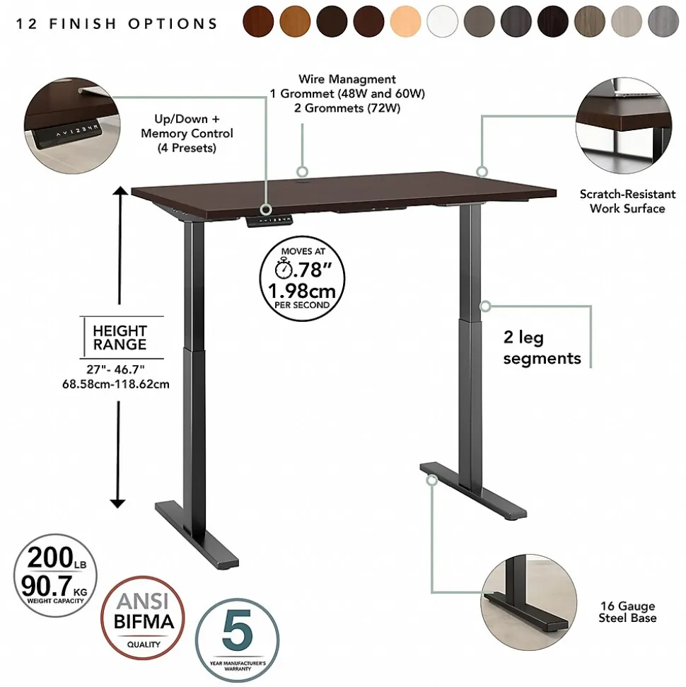 Bush Business Furniture Move 60 Series 72"W Electric Height Adjustable Standing Desk, Mocha Cherry (M6S7230MRBK)
