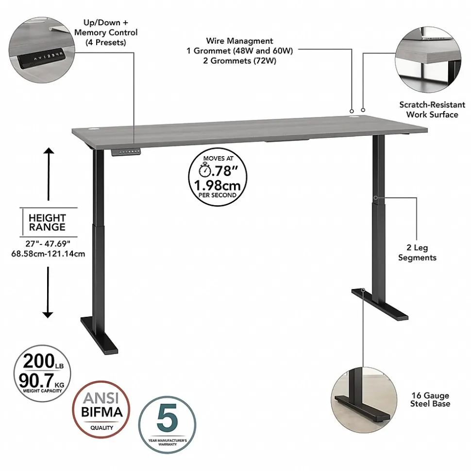 Bush Business Furniture Move 60 Series 72"W Electric Height Adjustable Standing Desk, Platinum Gray/Black (M6S7230PGBK)