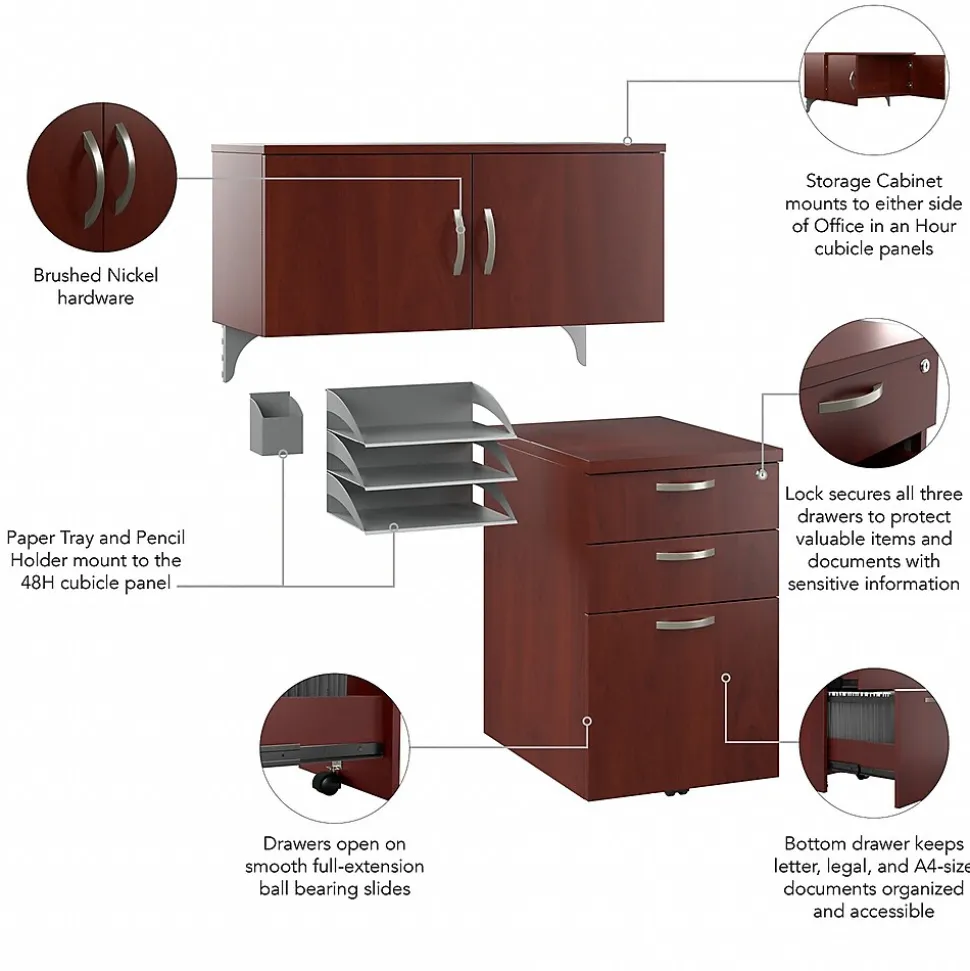 Bush Business Furniture Office in an Hour Cubicle Storage with Cabinet, Paper Tray, & Pencil Holder, Hansen Cherry (WC36490-03K)