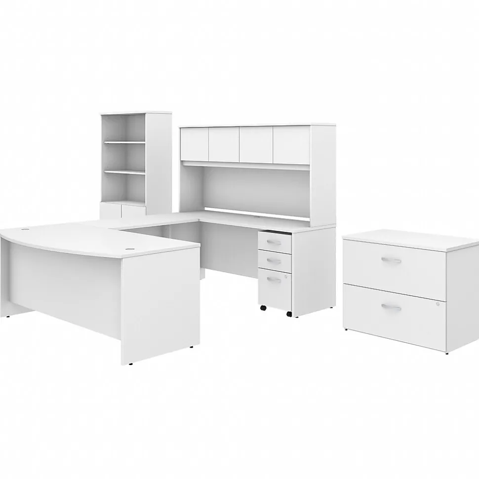 Bush Business Furniture Studio C 72W x 36D U Shaped Desk with Hutch, Bookcase and File Cabinets, White (STC001WHSU)