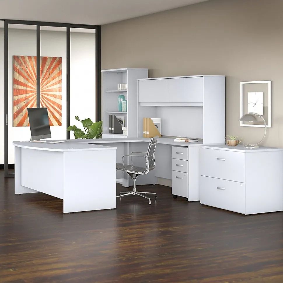 Bush Business Furniture Studio C 72W x 36D U Shaped Desk with Hutch, Bookcase and File Cabinets, White (STC001WHSU)
