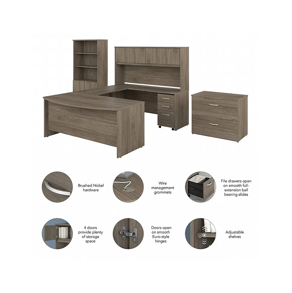 Bush Business Furniture Studio C 72"W U-Shaped Desk, Hutch, Bookcase, and File Cabinets, Modern Hickory (STC001MHSU)
