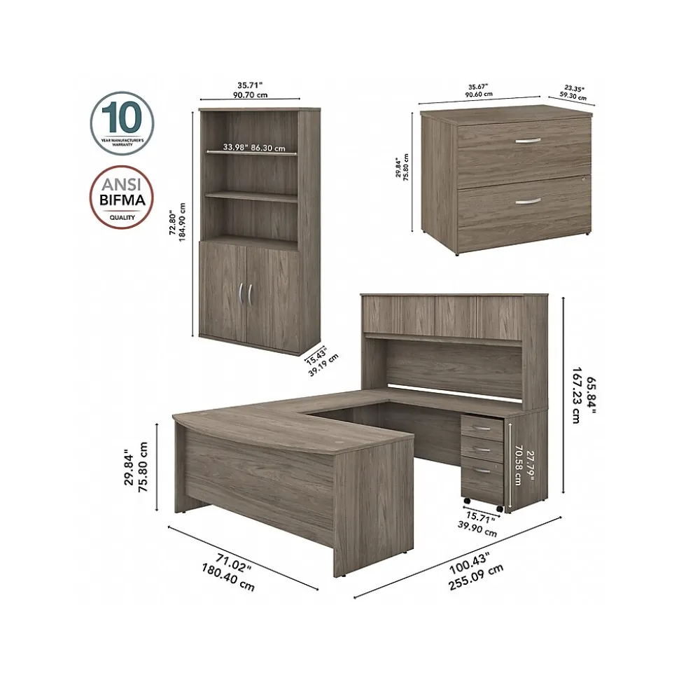 Bush Business Furniture Studio C 72"W U-Shaped Desk, Hutch, Bookcase, and File Cabinets, Modern Hickory (STC001MHSU)