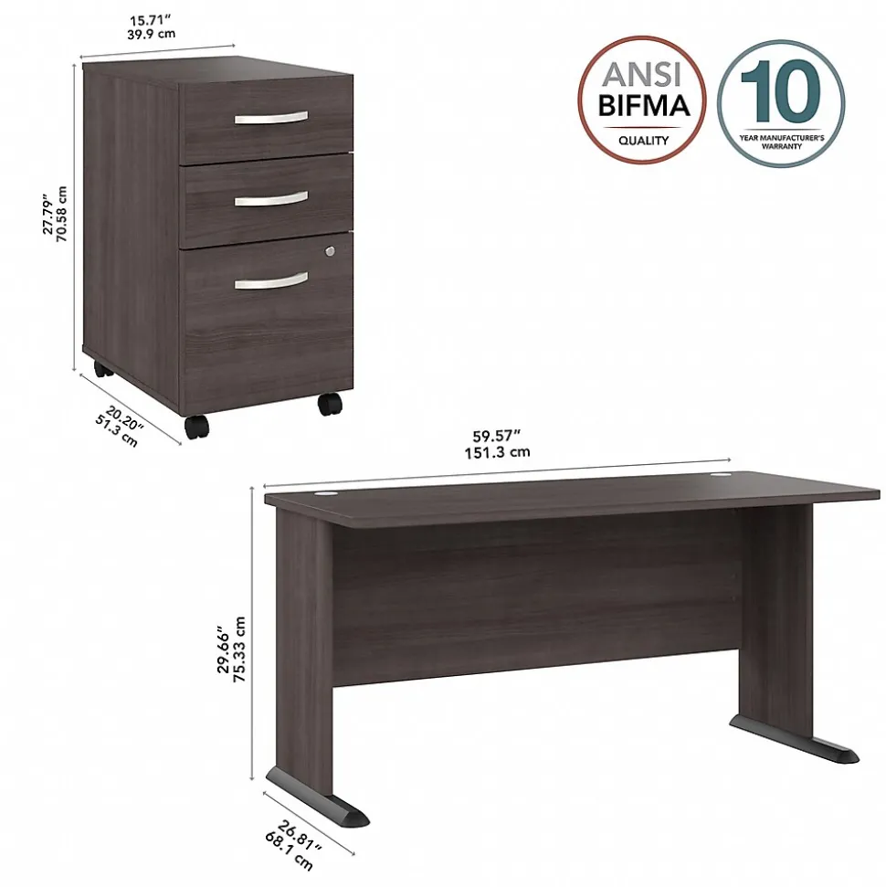 Bush Business Furniture Studio A 60"W Computer Desk with 3 Drawer Mobile File Cabinet, Storm Gray (STA002SGSU)