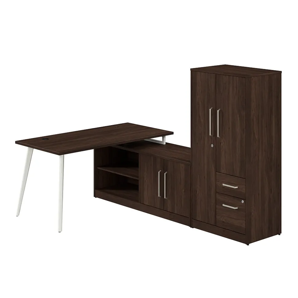 Bush Business Furniture Vista 60"W L Shaped Desk with Low Storage Cabinet and Wardrobe, Black Walnut (VST010BW)
