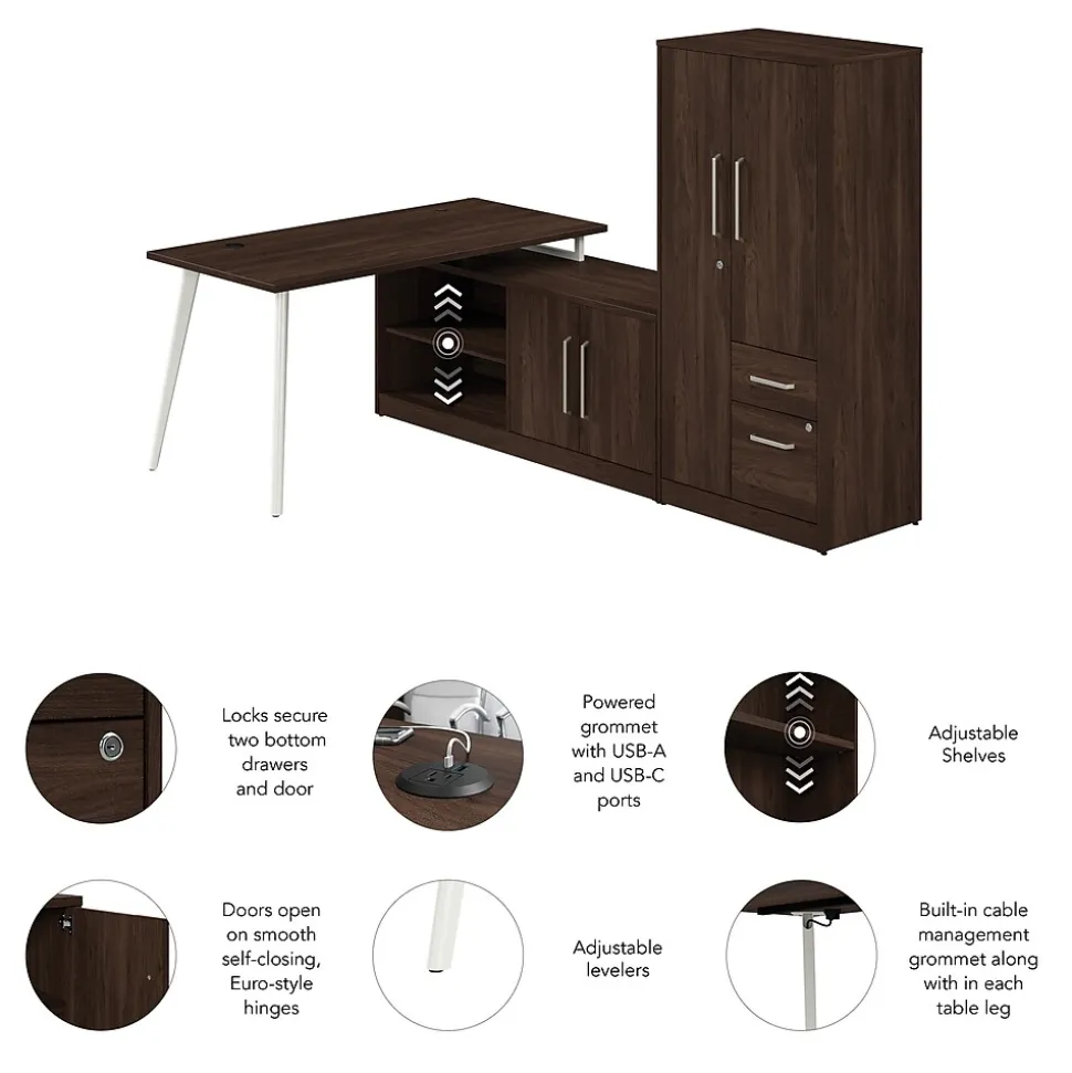 Bush Business Furniture Vista 60"W L Shaped Desk with Low Storage Cabinet and Wardrobe, Black Walnut (VST010BW)
