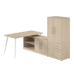 Bush Business Furniture Vista 60"W L Shaped Desk with Low Storage Cabinet and Wardrobe, Natural Elm (VST010NE)