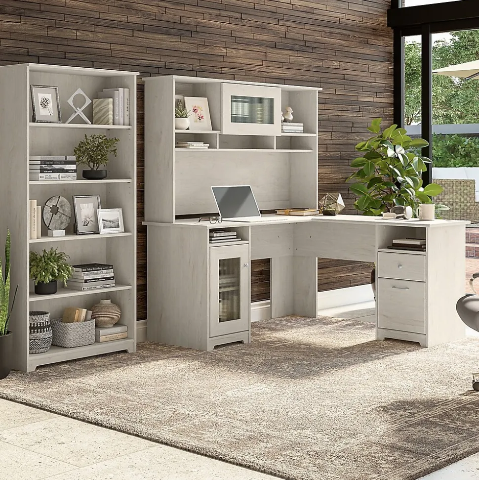 Bush Furniture Cabot 60" L-Shaped Desk with Hutch and 5-Shelf Bookcase, Linen White Oak (CAB011LW)